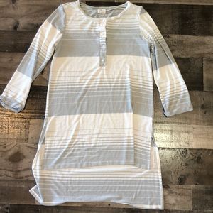 A long striped button up shirt.